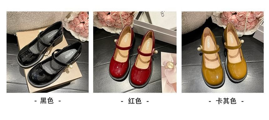 Heel Mary Patent Block Jane Shoes Pearl Faux