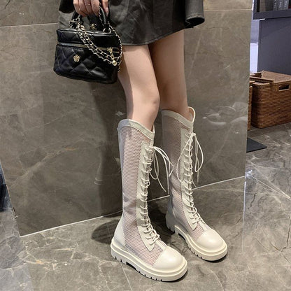 Platform Lace Up Panel Mesh Knee High Boots