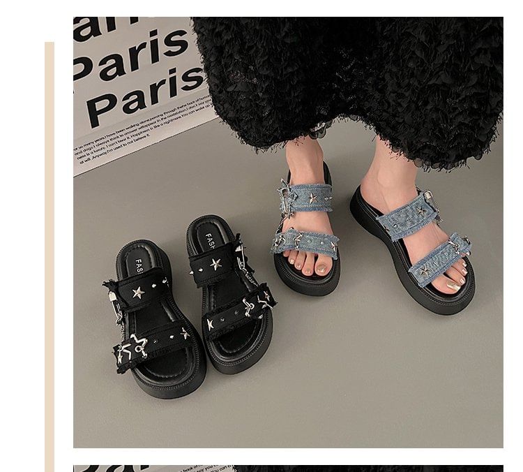 Platform Star Buckled Denim Slide Sandals