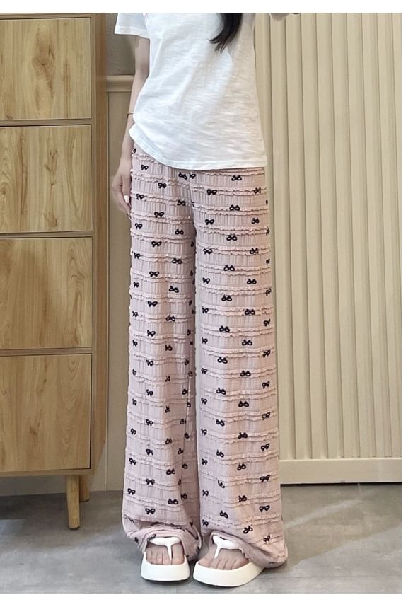 Bow Print Lace High Waist Wide Leg Sweatpants