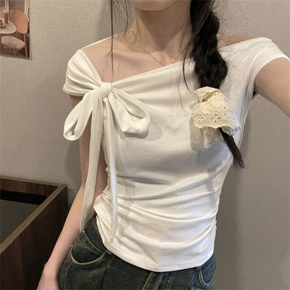 Short-Sleeve Asymmetrical Bow Plain Top