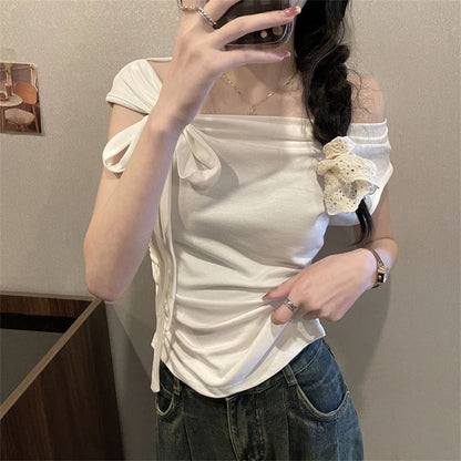 Short-Sleeve Asymmetrical Bow Plain Top