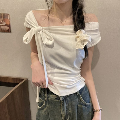 Short-Sleeve Asymmetrical Bow Plain Top