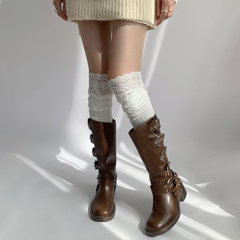 Plain Panel Lace Over The Knee Socks