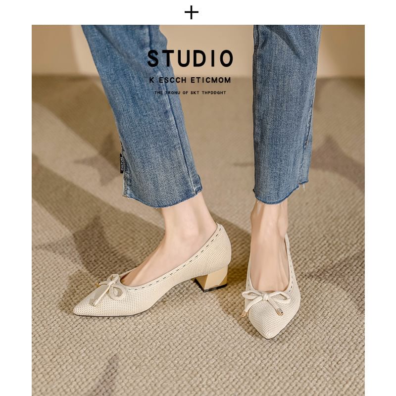 Heel Pumps Bow Pointed Fabric Block
