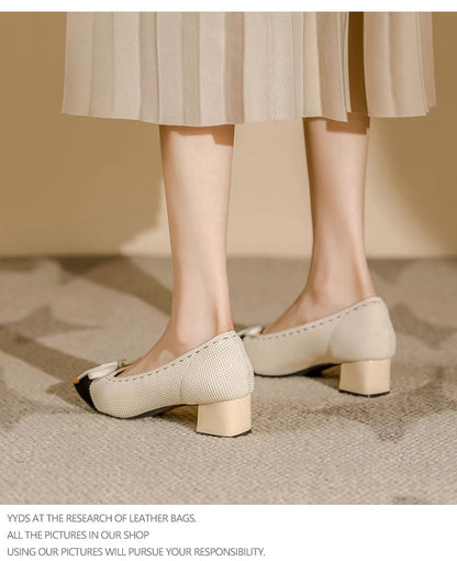 Bow Fabric Pointed Block Heel Pumps