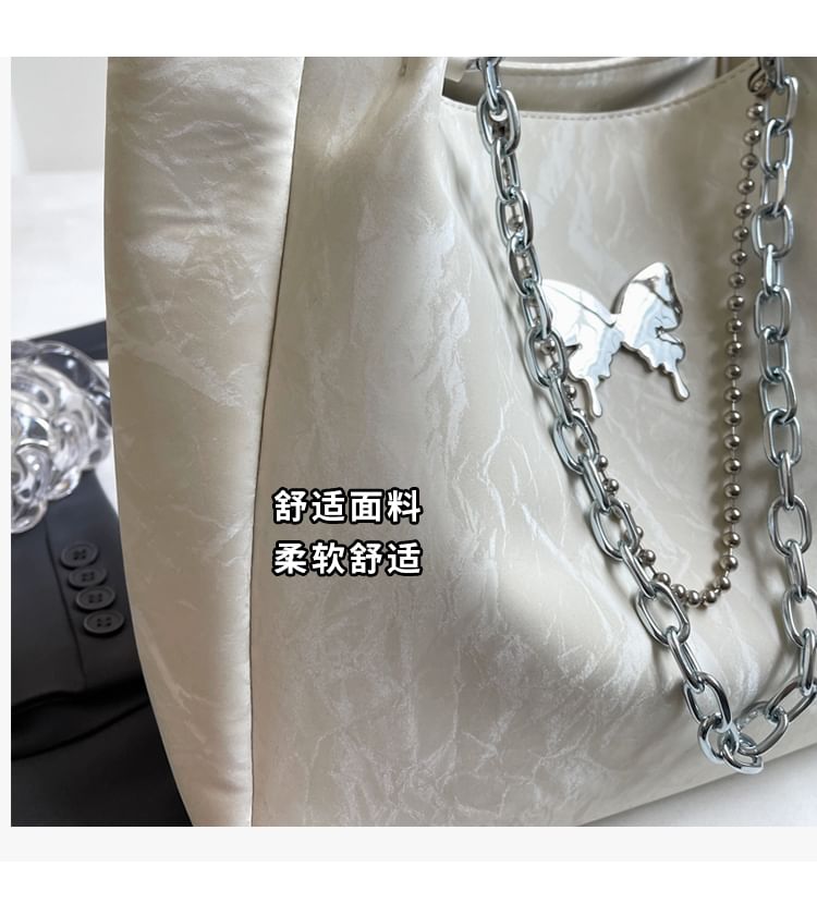 Butterfly Accent Chained Faux Leather Tote Bag