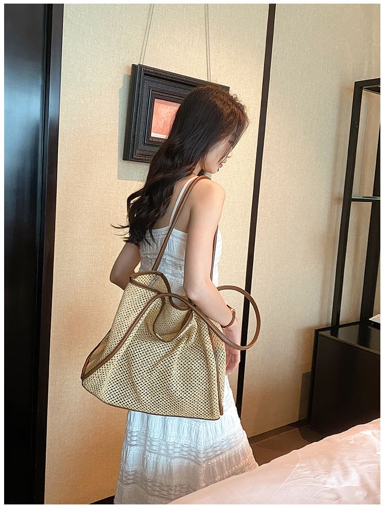 Contrast Trim Perforated Woven Tote Bag