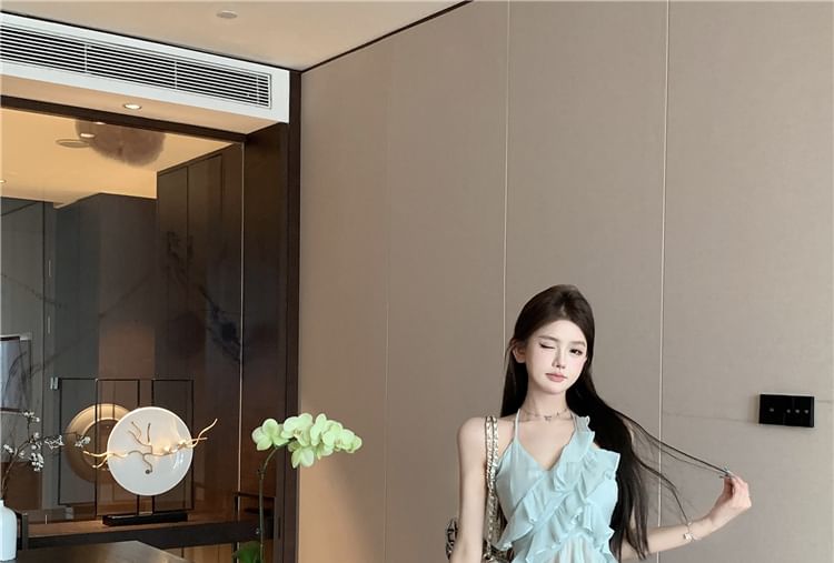 Asymmetrical Top Halter-Neck Tie-Dyed Ruffled