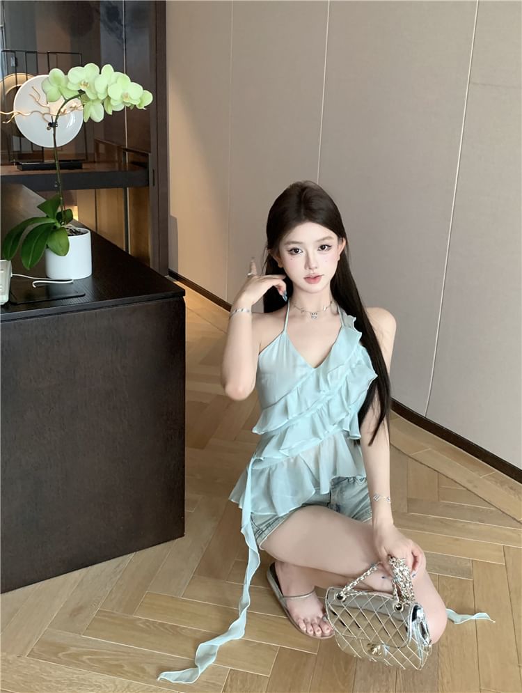 Asymmetrical Top Halter-Neck Tie-Dyed Ruffled