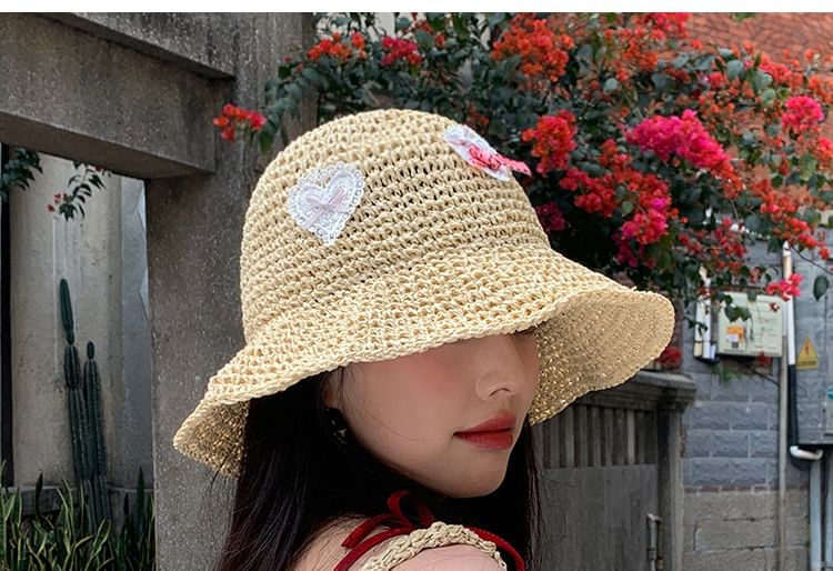 Applique Heart Straw Hat