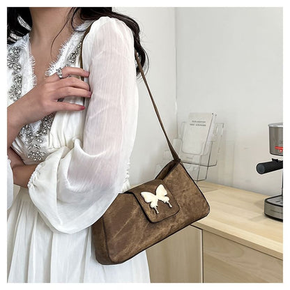 Butterfly Accent Faux Leather Shoulder Bag