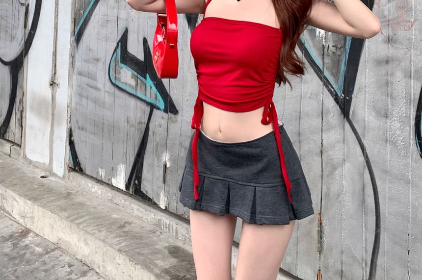 Crop Skirt Top Plain A-Line Waist Drawstring Mid Mini Halter / Pleated