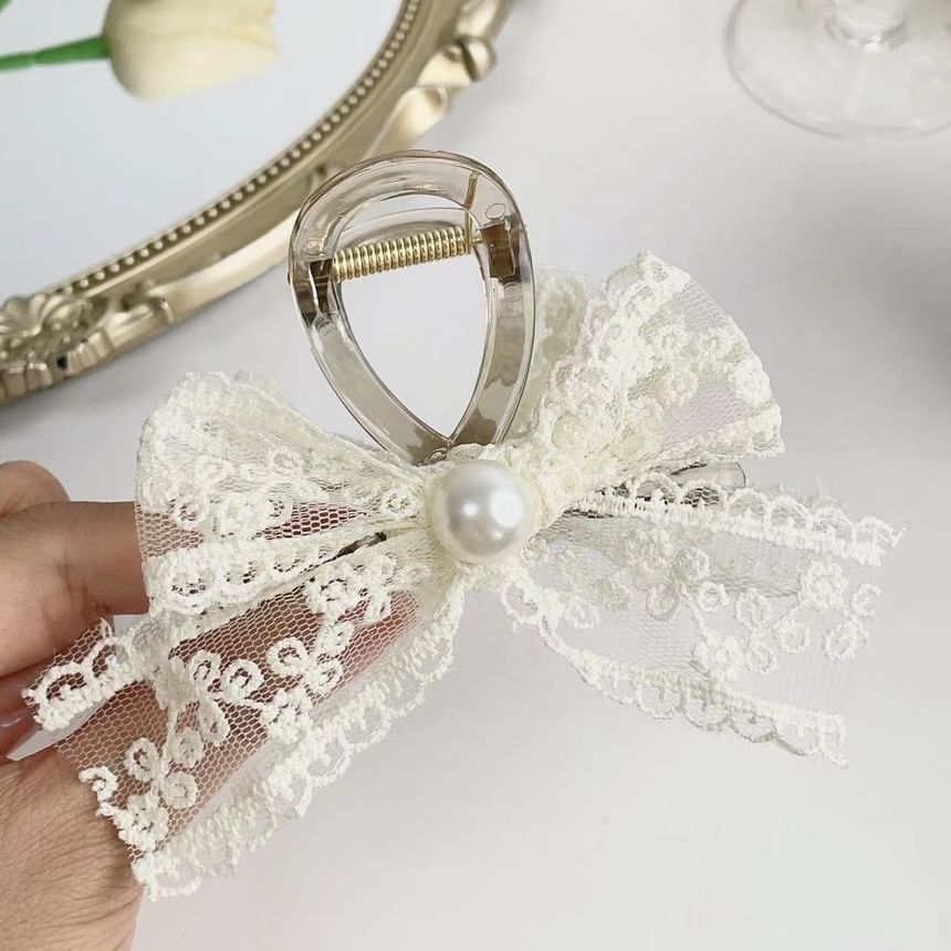 Faux Pearl Lace Bow Hair Claw