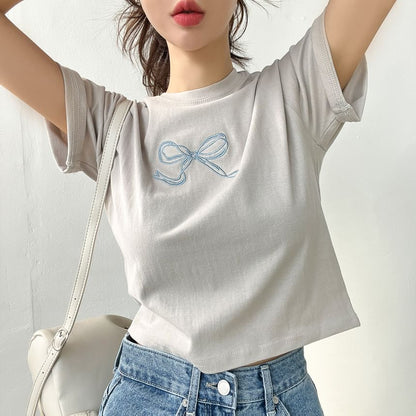 Short-Sleeve Round Neck Bow Embroidered Tee