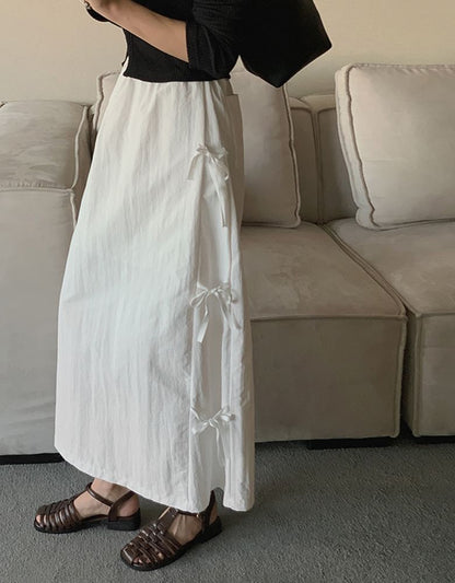 Mid Waist Plain Bow Midi A-Line Skirt