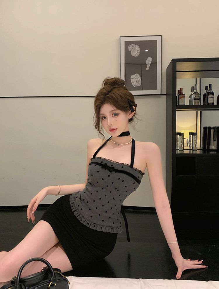 Dotted Bow Top Ruffle Trim Halter-Neck