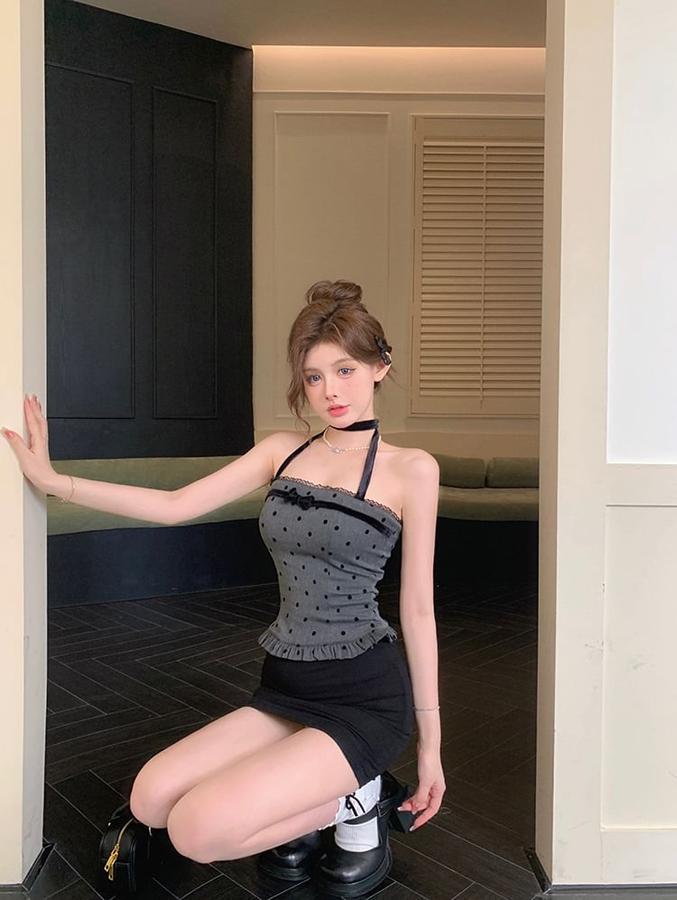 Dotted Bow Top Ruffle Trim Halter-Neck