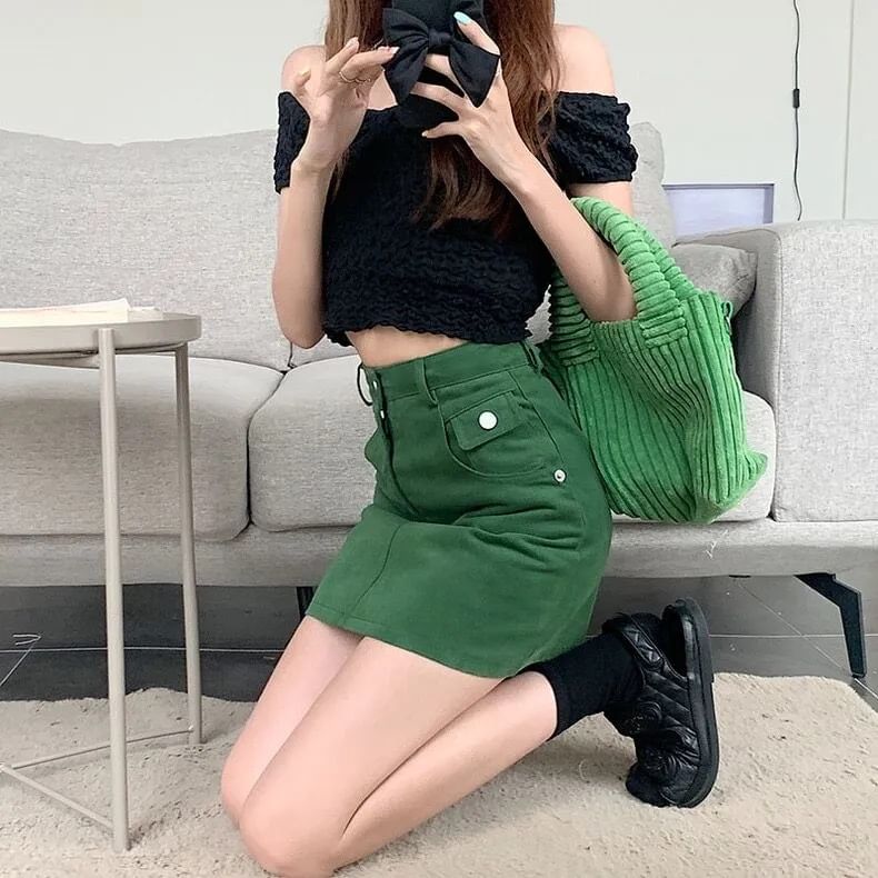 Plain High Mini Skirt Waist A-Line Denim