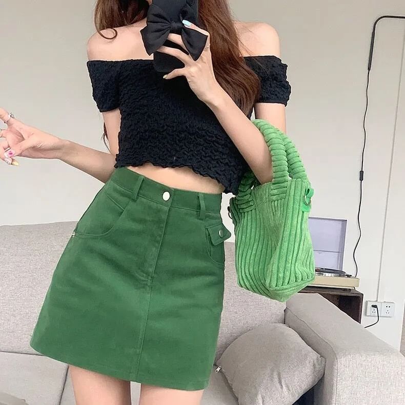 Plain High Mini Skirt Waist A-Line Denim