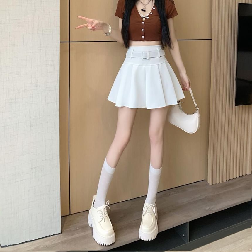 Skirt Mini Plain A-line Pleated Waist Undershorts Belt / Set High