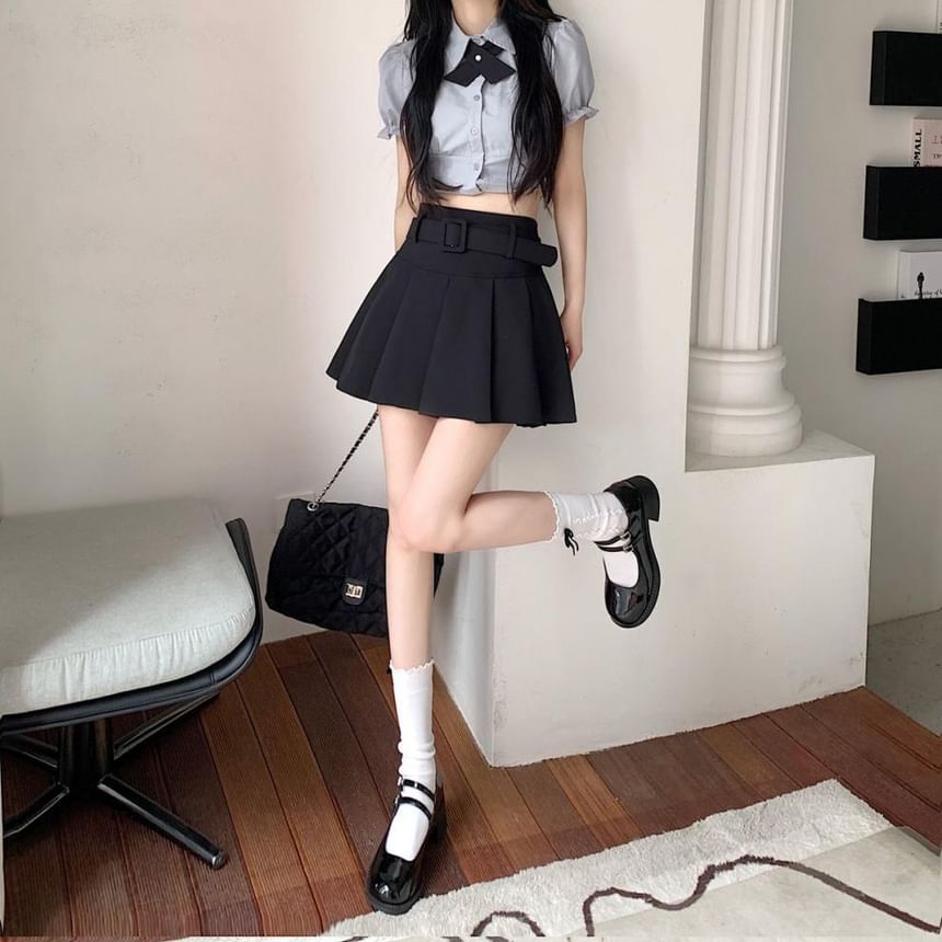 Skirt Mini Plain A-line Pleated Waist Undershorts Belt / Set High