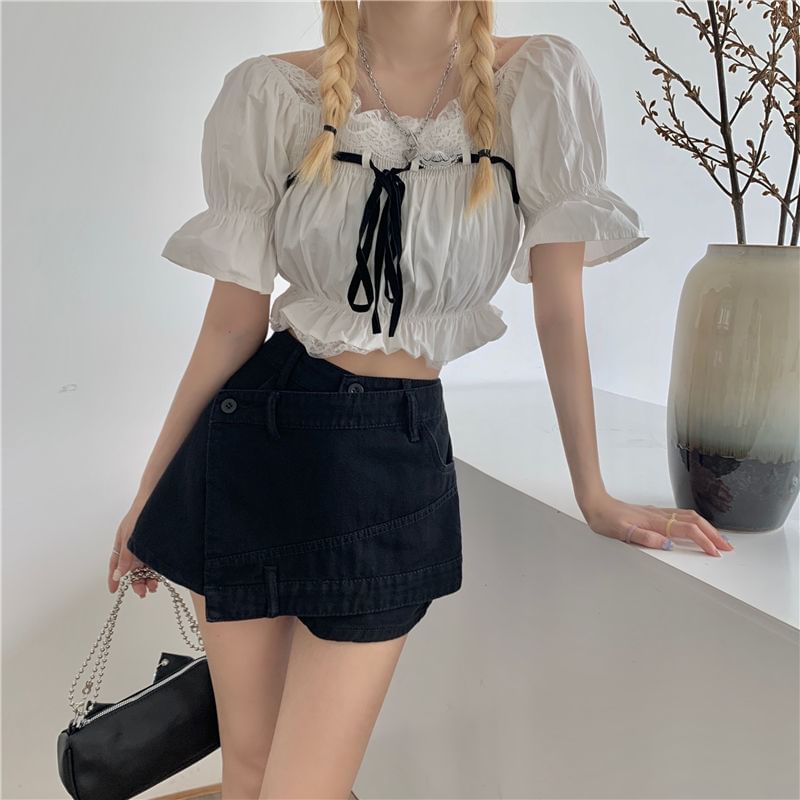 Asymmetrical Waist High Skort Denim