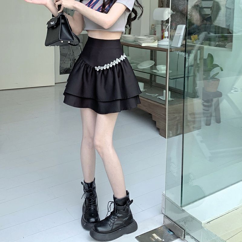 Rise Mini A-Line High Rhinestone Skirt Plain
