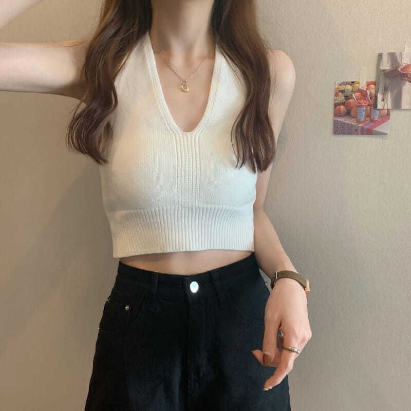Top V-Neck Plain Cropped Knit Halter