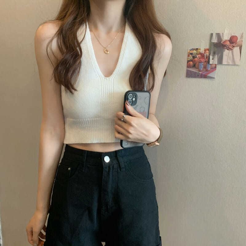 Top V-Neck Plain Cropped Knit Halter