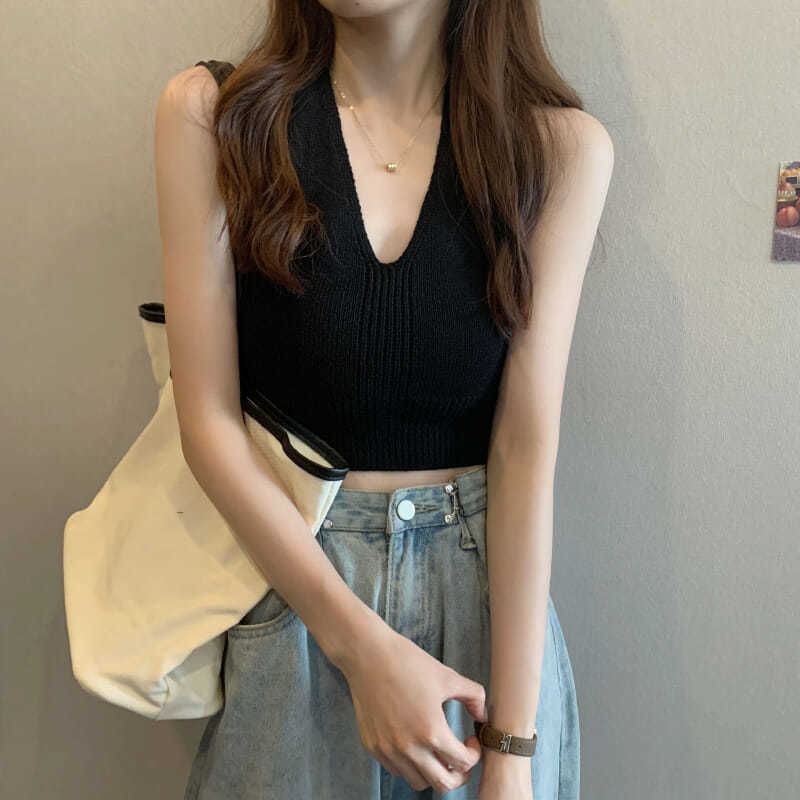 Top V-Neck Plain Cropped Knit Halter