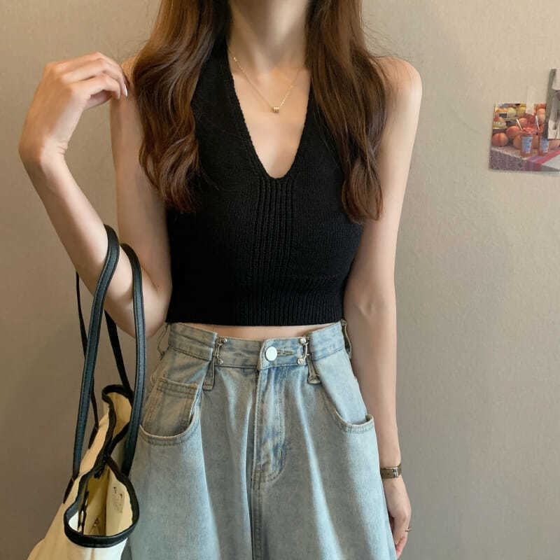 Top V-Neck Plain Cropped Knit Halter