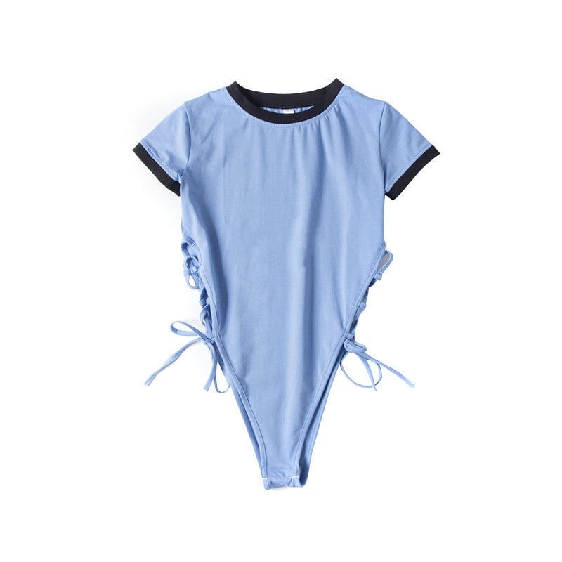 Neck Lace-Up Plain Short-Sleeve Crew Bodysuit Top