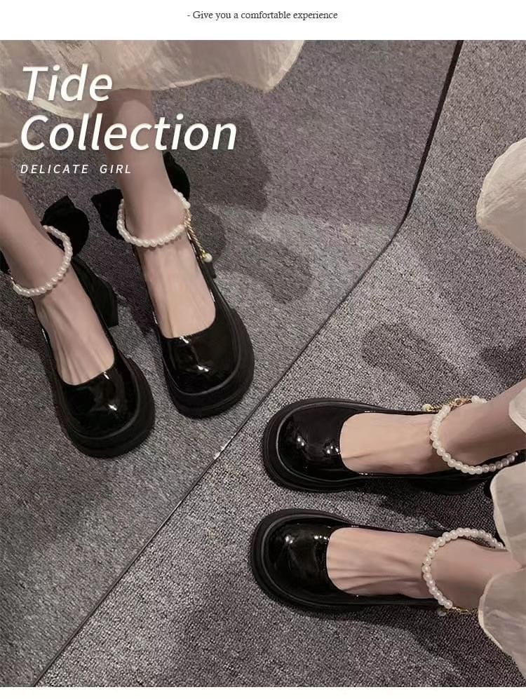 Bow Jane Pumps Mary Plain Block Heel