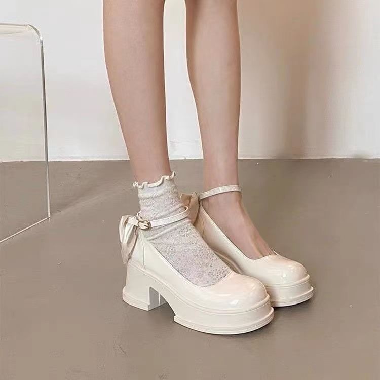 Bow Jane Pumps Mary Plain Block Heel