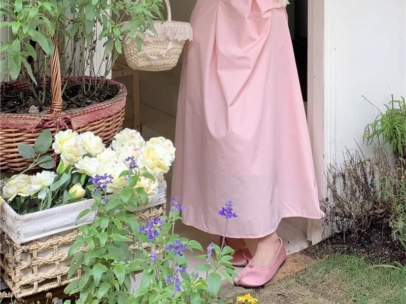 Spaghetti Plain Maxi Detail Flower Sundress Strap