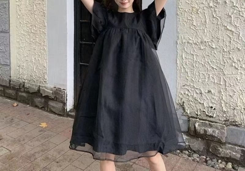 Dress Panel Plain Smock Short-Sleeve Mesh