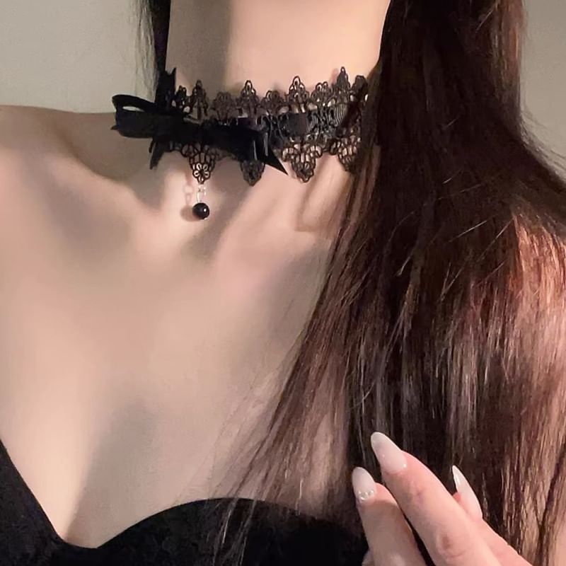 Bow Choker Bead Lace Pendant