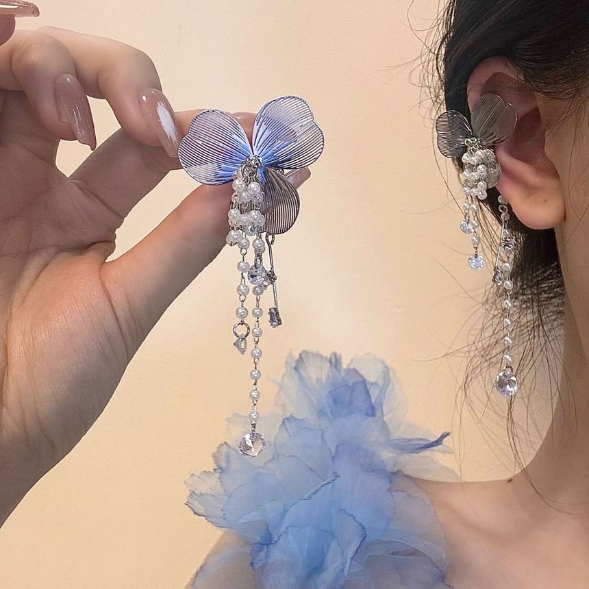 Faux Rhinestone Pearl Floral Cuff Ear Fringed