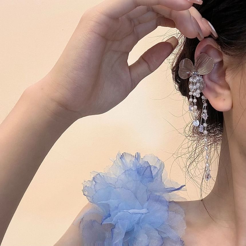Faux Rhinestone Pearl Floral Cuff Ear Fringed