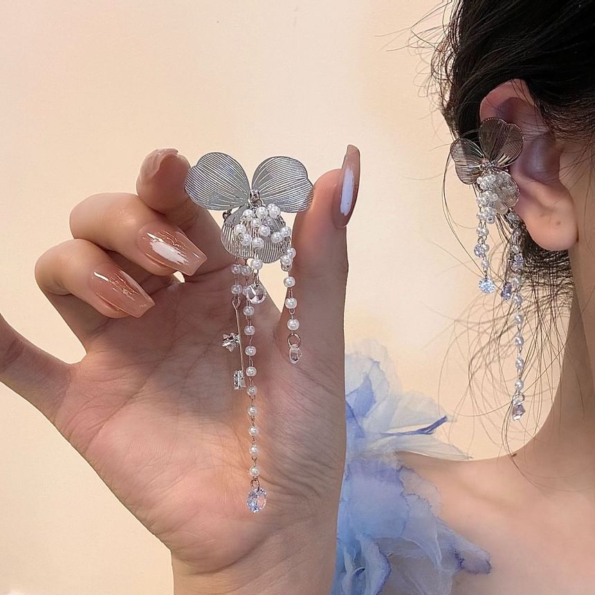Faux Rhinestone Pearl Floral Cuff Ear Fringed
