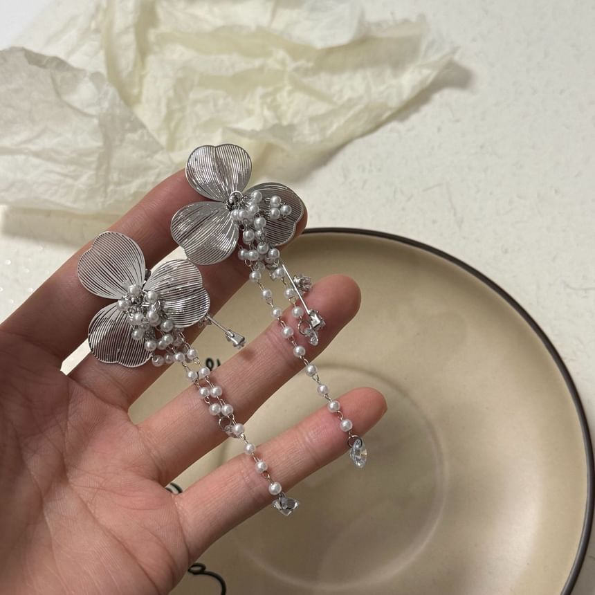 Faux Rhinestone Pearl Floral Cuff Ear Fringed