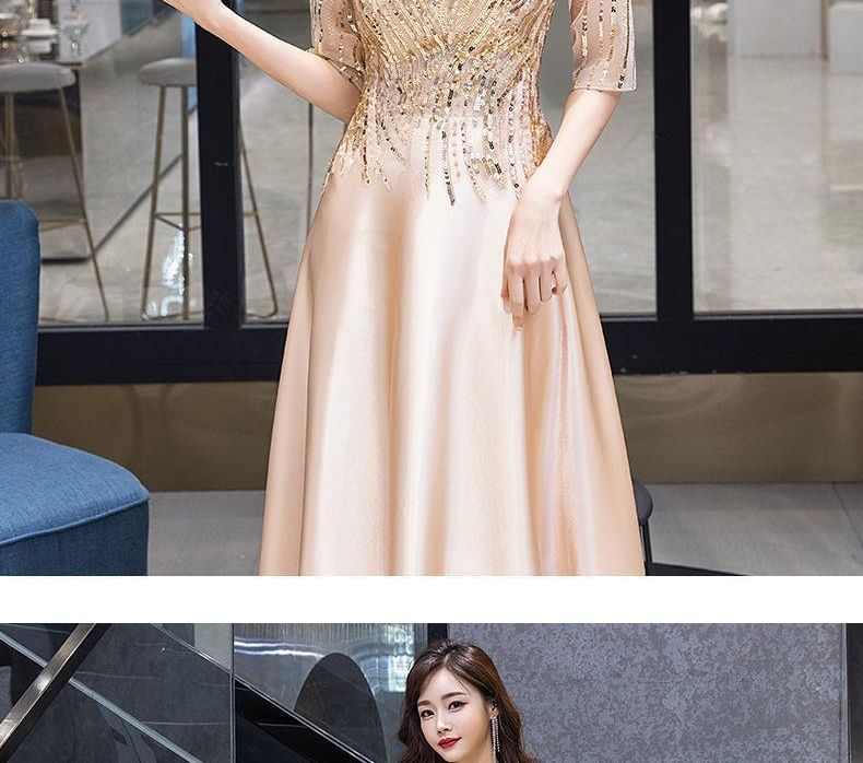 A-Line Short-Sleeve Gown Sequin Evening