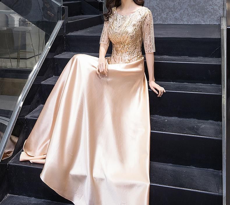 A-Line Short-Sleeve Gown Sequin Evening