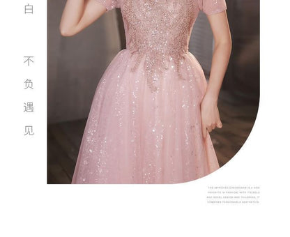 Short-Sleeve Glitter Mesh A-Line Evening Dress / Gown