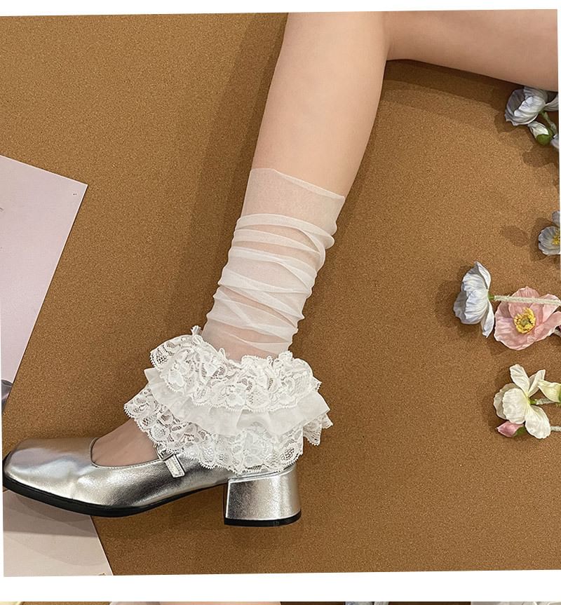 Lace Ruffled Shirred Mesh Socks