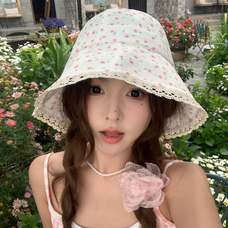 Print Lace Trim Bucket Hat