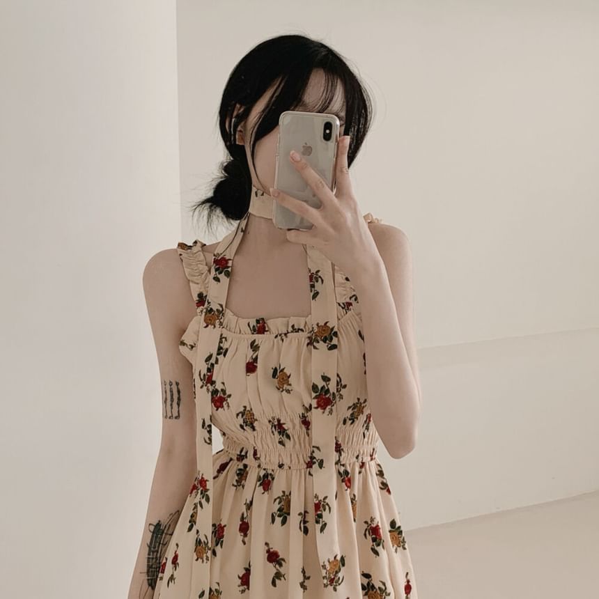 Sleeveless Square Neck Floral Midi A-Line Dress