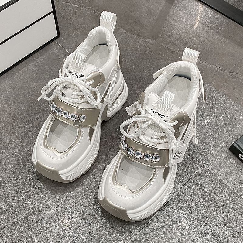 Sneakers Cutout Wedge Panel Hidden Platform Rhinestone