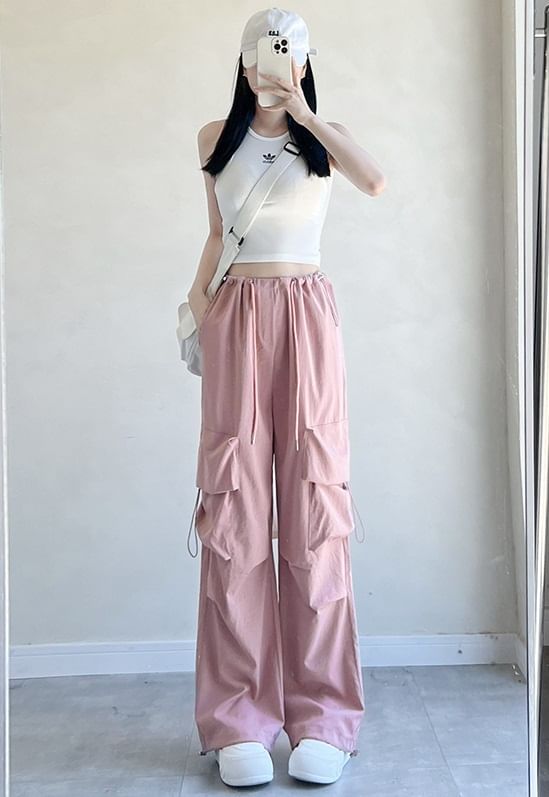 High Rise Drawstring Pocket Plain Wide Leg Parachute Cargo Pants